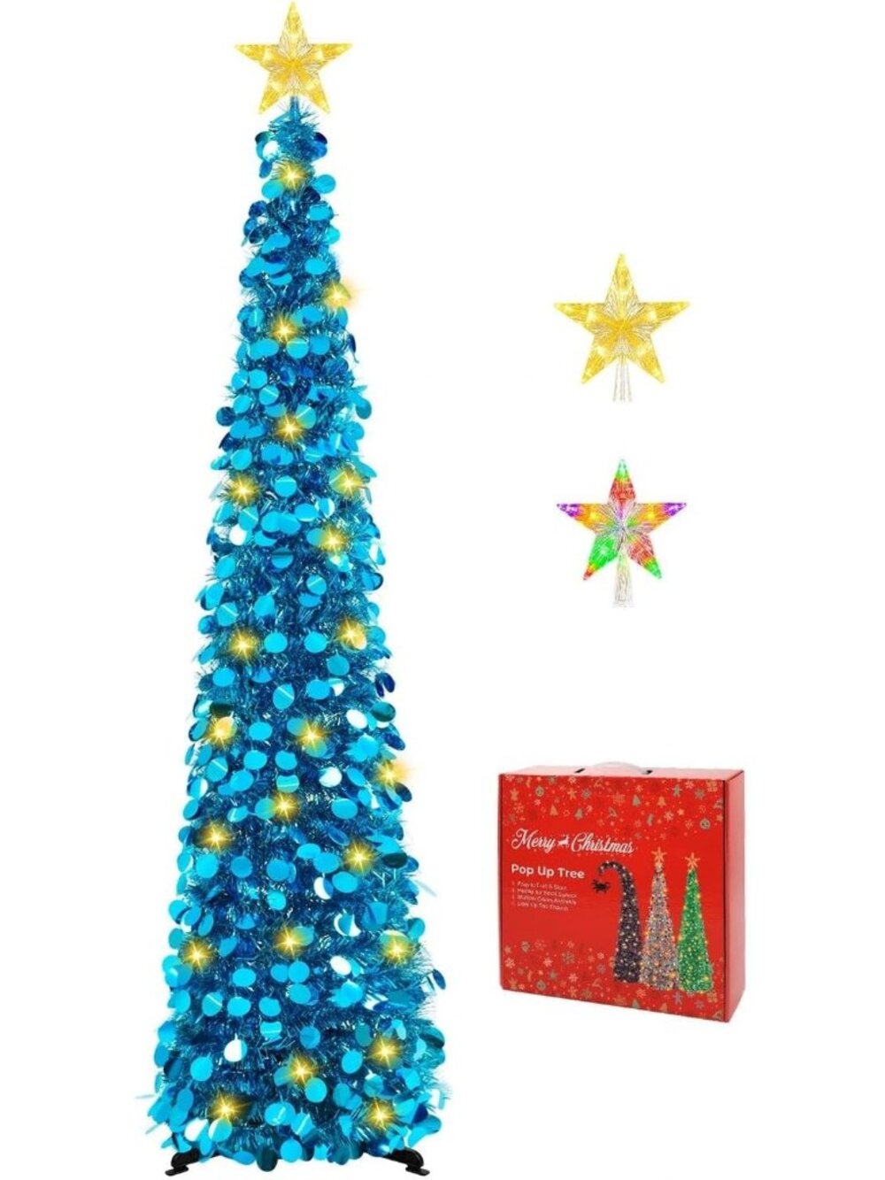 🎄5FT Blue Pop Up with Lighted Top Star for Christmas LED Tree Home Decorations